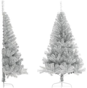 vidaXL Jumătate brad de Crăciun cu suport, argintiu, 180 cm, PET