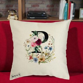 Cadou Personalizat - Perna Personalizata Monogram Litera P cu Flori Acuarela, 40x40 cm, Ecru, Husa Detasabila, Perna Inclusa, BEKZ®