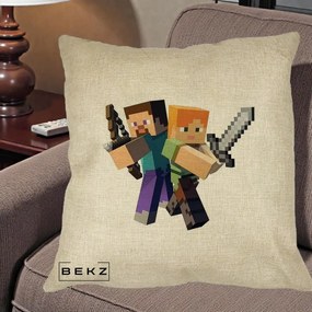 Perna Personalizata Minecraft Steve si Alex, 40x40 cm, Crem, Husa Detasabila, Perna Inclusa, BEKZ®