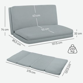 HOMCOM Canapea paresseux șezlong extensibil pliabil în 4 părți, greutate 240 Kg, 137,5 x 85,5 x 74 cm, gri deschis | Aosom Romania