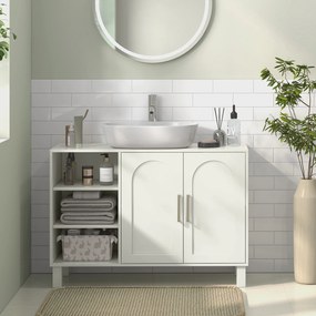 HOMCOM Dulap pentru Lavoar Baie cu 2 Uși, Rafturi Deschise, Rafturi Reglabile, pentru Lavoare fără Piedestal, 90x30x63 cm, Crem | Aosom Romania