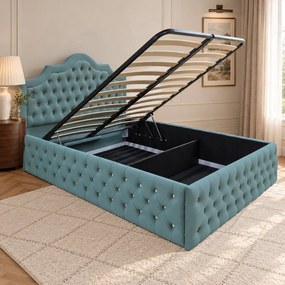 Pat tapițat Chesterfield din catifea Imperio Deluxe 180×200 cm, verde marin, cu ladă de depozitare