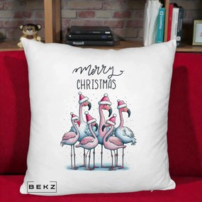 Perna Decorativa Flamingo Merry Christmas, 40x40 cm, Alb Pufos, Husa Detasabila, Perna Inclusa, BEKZ®