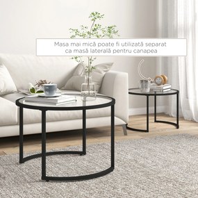 HOMCOM Set de 2 Mese de Cafea Suprapozabile din Sticlă și Oțel, Ø70x47.5 cm și Ø54x42.5 cm, Negru | Aosom Romania
