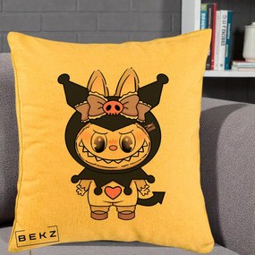 Perna Personalizata Labubu x Kuromi, 40x40 cm, Galben, Husa Detasabila, Perna Inclusa, BEKZ®