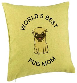 Perna Decorativa, Model World's Best Pug Mom, 40x40 cm, Verde, Husa Detasabila, Burduf