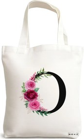 Sacosa de Panza pentru Cumparaturi, Geanta Tote, Cu litera O si Trandafiri, 38x34.5 cm, Alba, BEKZ®