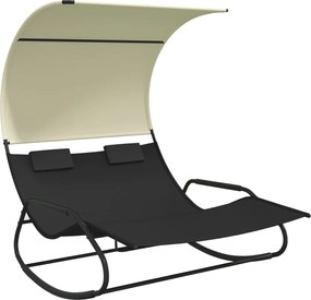 vidaXL Șezlong balansoar plajă dublu/baldachin, negru/crem, textilenă