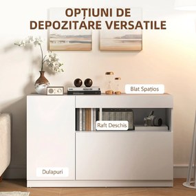 HOMCOM Bufet de Bucătărie cu Uși Amortizate, 2 Dulapuri, Raft Deschis, și 2 orificii pentru cabluri, 120x40x75 cm, Alb | Aosom Romania
