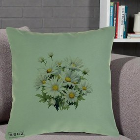 Perna Decorativa Buchet Margarete Albe Acuarela, 40x40 cm, Verde, Husa Detasabila, Perna Inclusa, BEKZ®