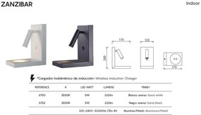 Aplica cu reader LED, incarcator wireless ZANZIBAR alb