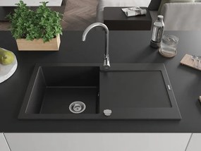 Mexen Leo chiuvetă de granit cu 1 cuvă și scurgător 900 x 500 mm, negru, sifon crom - 6501901010-77