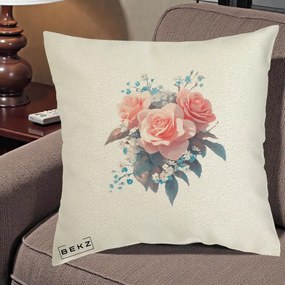 Perna Decorativa Trandafiri Roz cu Floricele Albastre, 40x40 cm, Ecru, Husa Detasabila, Perna Inclusa, BEKZ®