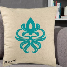 Perna Decorativa Ornament Turcoaz Fleur de Lis, 40x40 cm, Bej, Husa Detasabila, Perna Inclusa, BEKZ®