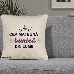 Cadou pentru Bunica - Perna Personalizata Cea Mai Buna Bunica Din Lume Coroana Mov Flori, 40x40 cm, Bej Canapea, Husa Detasabila, Perna Inclusa, BEKZ®