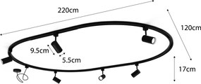 Sistem modern de iluminat pe șine cu 8 spoturi negre, monofazat, oval, 200 cm - Iconic Jeana