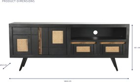 Comodă TV living din lemn de mango, negru, cu 2 uși, 2 sertare, nișă deschisă și inserții din ratan împletit, 60 x 145,5 x 40,5 cm, „Cheverny”