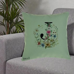 Cadou Personalizat - Perna Personalizata Monogram Litera J cu Flori Acuarela, 40x40 cm, Verde, Husa Detasabila, Perna Inclusa, BEKZ®