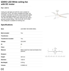Lustra LED cu Ventilator si telecomanda design modern IZARO alb
