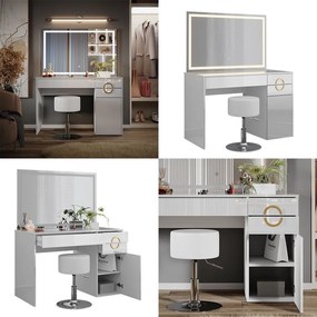 Masuta machiaj cu Oglinda LED si 3 Sertare pentru Cosmetice, Set Masa toaleta 115 cm, Alb Lucios, masuta cosmetica, vanity - SEA442