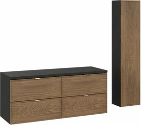 Set dulap baza suspendat 120 cm cu blat si dulap coloana Comad Talia negru mat si stejar Casella