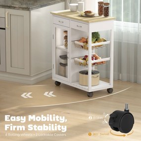 HOMCOM Cărucior de Bucătărie din Bambus cu 2 Sertare, Dulap, Raft și 2 Coșuri din Oțel, 67x35x80 cm, Alb | Aosom Romania