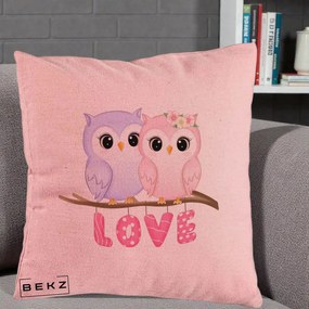 Perna Decorativa Love Bufnite Indragostite pe Crenguta Roz si Mov, 40x40 cm, Roz, Husa Detasabila, Perna Inclusa, BEKZ®