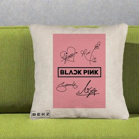Perna Personalizata K-pop BLACKPINK Semnaturi Roz, 40x40 cm, Bej Canapea, Husa Detasabila, Perna Inclusa, BEKZ®