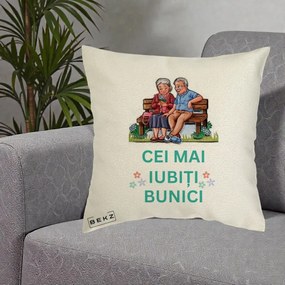 Cadou pentru Bunici - Perna Personalizata Cei Mai Iubiti Bunici Cuplu pe Banca Ilustratie, 40x40 cm, Ecru, Husa Detasabila, Perna Inclusa, BEKZ®