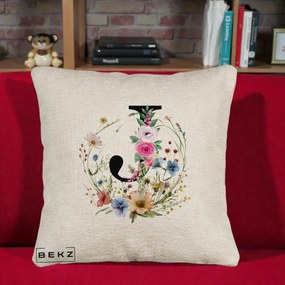 Cadou Personalizat - Perna Personalizata Monogram Litera J cu Flori Acuarela, 40x40 cm, Bej Canapea, Husa Detasabila, Perna Inclusa, BEKZ®