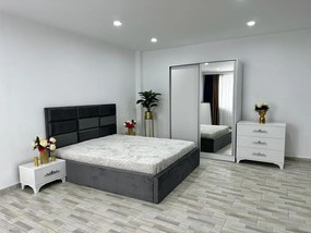Dormitor complet Roma, culoare gri / alb, cu pat Roma 160 x 200 cm, dressing Erika, 2 noptiere si comoda Viena