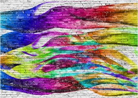 Tablou pe sticlă - Zid de cărămidă cu flăcări colorate (70x50 cm)