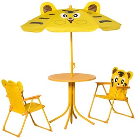 Outsunny Set Mobilier Grădină Copii 4 piese Design Tigrul: Masă rotundă, 2 scaune pliante, umbrelă, metal epoxid galben | Aosom Romania