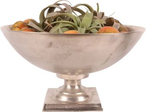 Platou rotund din aluminiu, argintiu, adânc, pe picior cu bază pătrată, finisaj nichelat, 29 x 52 cm, „Festin”