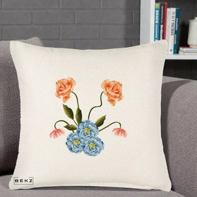 Perna Decorativa Trandafiri si Bujori Acuarela, 40x40 cm, Crem Reliefat, Husa Detasabila, Perna Inclusa, BEKZ®