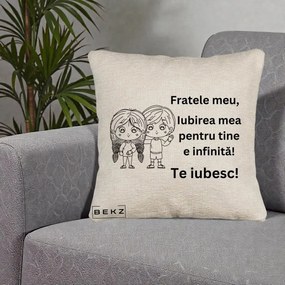 Cadou pentru Frate - Perna Personalizata Fratele Meu Te Iubesc Copii Anime Line Art Negru, 40x40 cm, Bej Canapea, Husa Detasabila, Perna Inclusa, BEKZ®