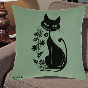 Perna Decorativa Pisica Neagra Grafica Minimalista, 40x40 cm, Verde, Husa Detasabila, Perna Inclusa, BEKZ®