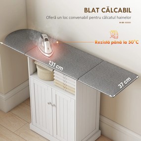 HOMCOM Masă de călcat cu suprafață pliabilă și dulap pentru depozitare, 131x37x88.5 cm, alb | Aosom Romania