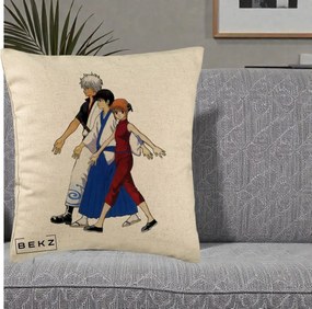 Perna Personalizata Gintama Trio Gintoki Shinpachi Kagura, 40x40 cm, Bej, Husa Detasabila, Perna Inclusa, BEKZ®