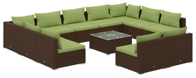 Set mobilier de gradina cu perne, 12 piese, maro, poliratan maro si verde, 2x colt + 9x mijloc + masa, 1