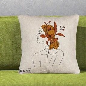Perna Decorativa Portret Feminin Crin Ruginiu Auriu, 40x40 cm, Bej Canapea, Husa Detasabila, Perna Inclusa, BEKZ®
