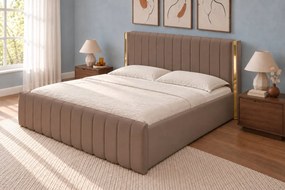 Pat tapițat din catifea Aurelia 120×200 cm, cappuccino, detalii aurii, cu ladă de depozitare