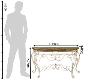 Consolă shabby chic din lemn și fier forjat, cu finisaj alb antichizat, Clemence