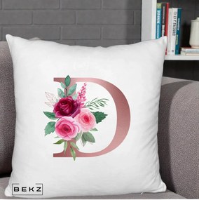 Cadou Personalizat - Perna Personalizata Monograma Rose Gold Litera D, 40x40 cm, Alb Pufos, Husa Detasabila, Perna Inclusa, BEKZ®