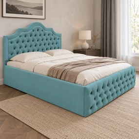 Pat tapițat din catifea Imperio cu nasturi 160×200 cm, verde marin, cu ladă de depozitare