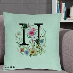Cadou Personalizat - Perna Personalizata Monogram Litera N cu Flori Acuarela, 40x40 cm, Verde Menta, Husa Detasabila, Perna Inclusa, BEKZ®