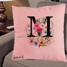 Cadou Personalizat - Perna Personalizata Monogram Litera M cu Flori Acuarela, 40x40 cm, Roz, Husa Detasabila, Perna Inclusa, BEKZ®