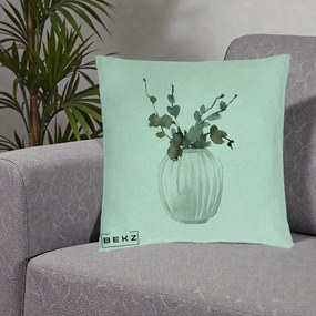 Perna Decorativa Vaza cu Eucalipt Watercolor, 40x40 cm, Verde Menta, Husa Detasabila, Perna Inclusa, BEKZ®