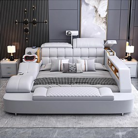 MOBLUX03 Luxury 180x200 cm Light Grey Right Chaise – Pat Inteligent Premium cu Proiector, Vibromasaj, Boxe Bluetooth, Încărcare Wireless și Spații Multiple de Depozitare