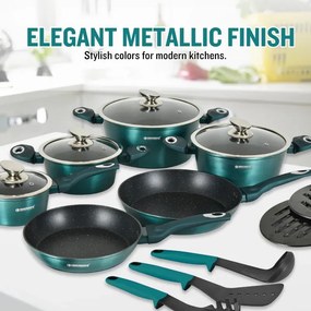 La mâna a doua: Set oale si tigai Herzberg HG-METBL15, 15 piese, Aluminiu 3003, Acoperire marmura, Capace din sticla, Inductie, Verde albastru